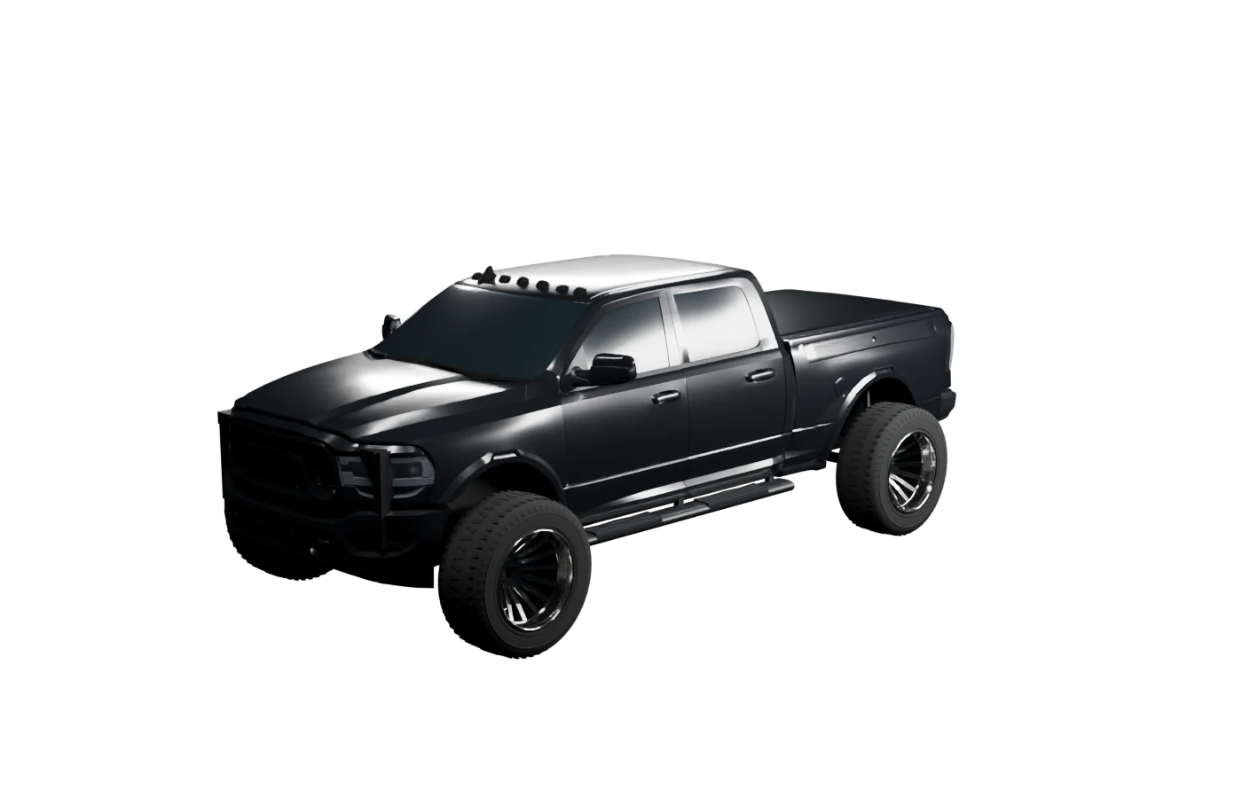 Lifted black Ram with polished 24 by 14 forged-style wheels and 38-inch tires